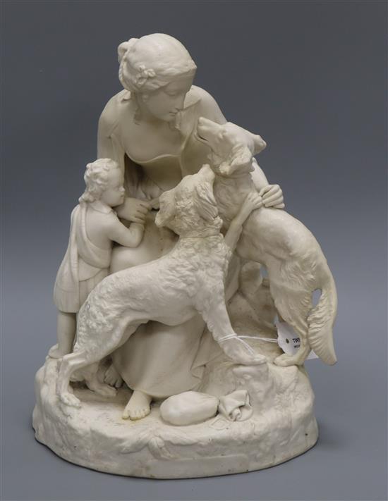 A Victorian parian group modelled as a seated lady with two hunting dogs, a child at her side, H 33cm